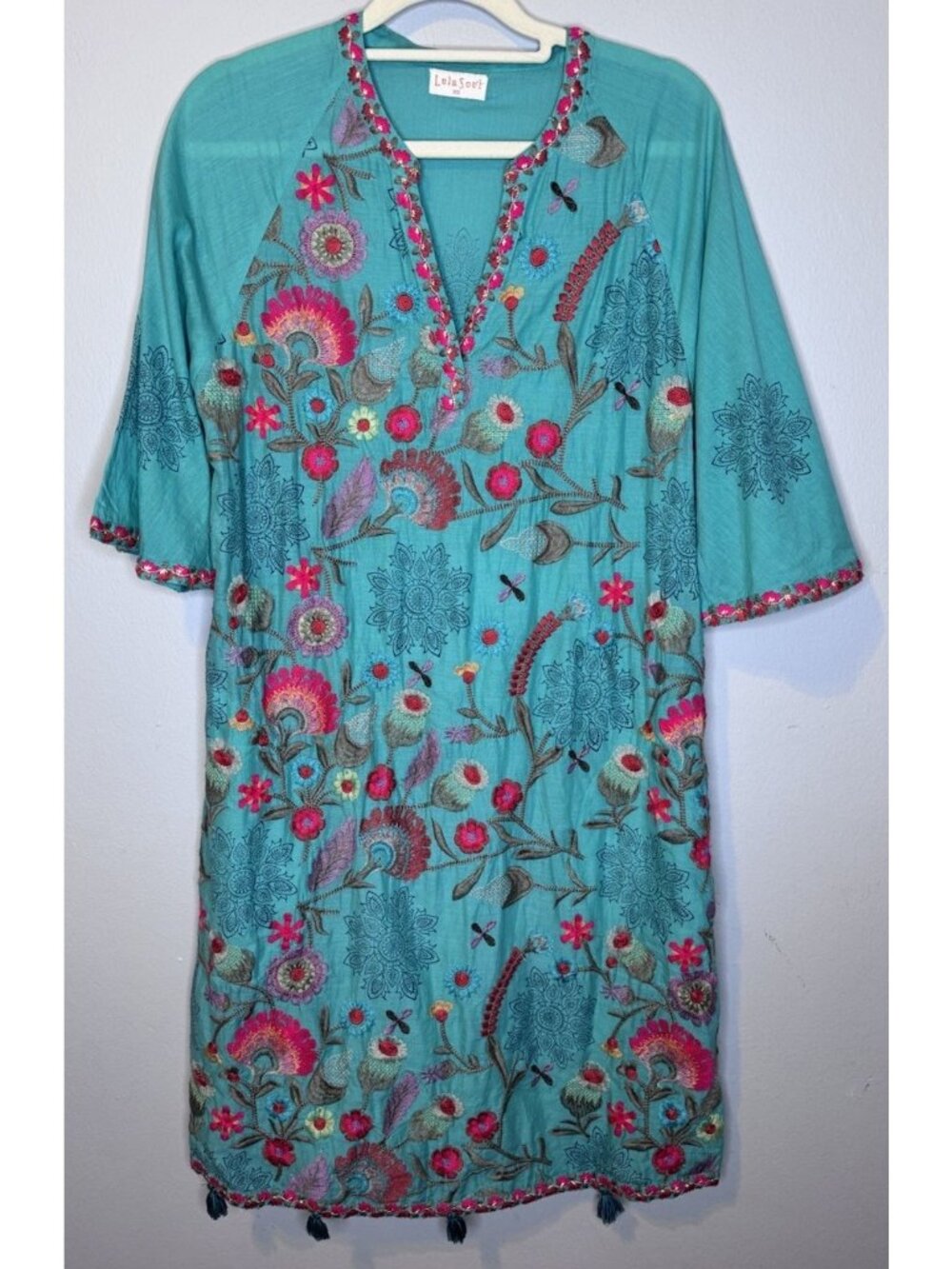 Lula Soul Dress XS Blue Embroidered Pom Pom Short Sleeve V Neck Floral